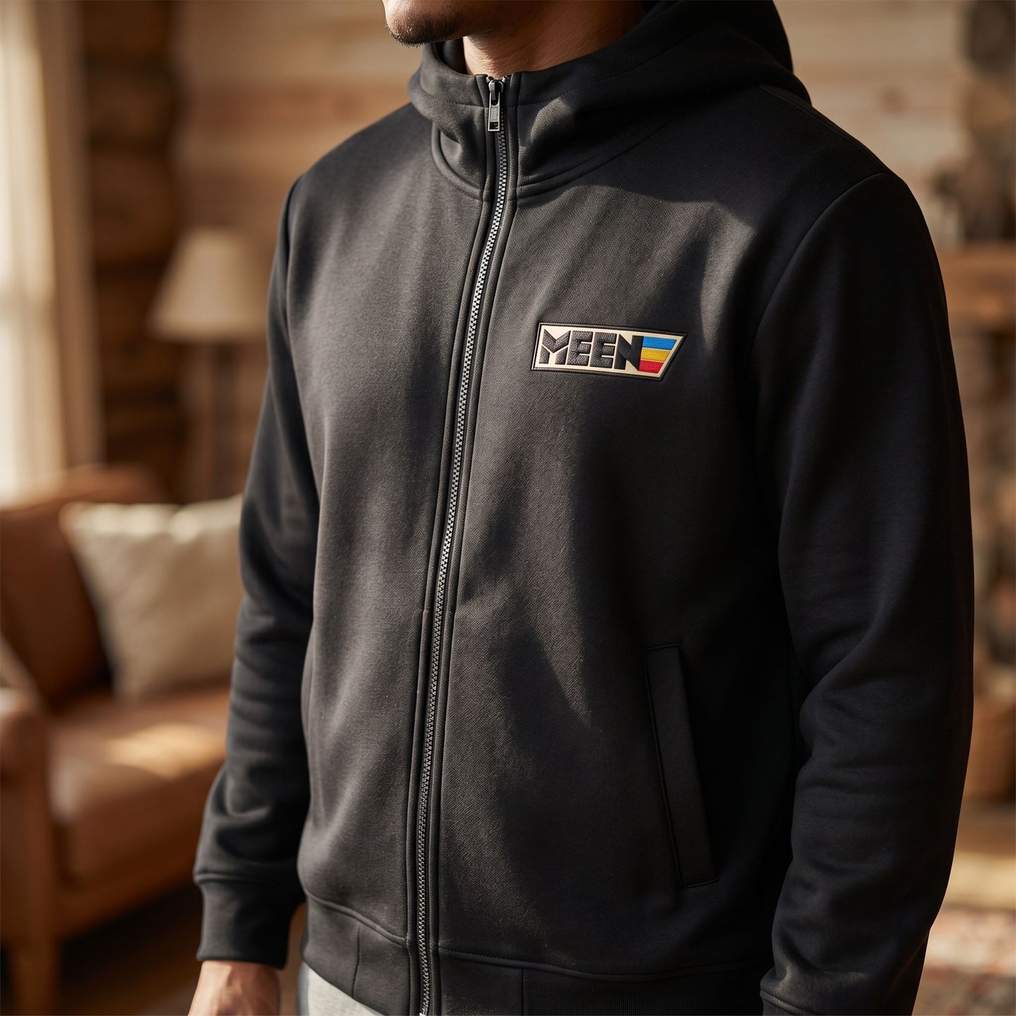 Close-up of the Brave & Bold Full-Zip hoodie focusing on zipper and fabric texture, with side lighting and blurred cozy background.