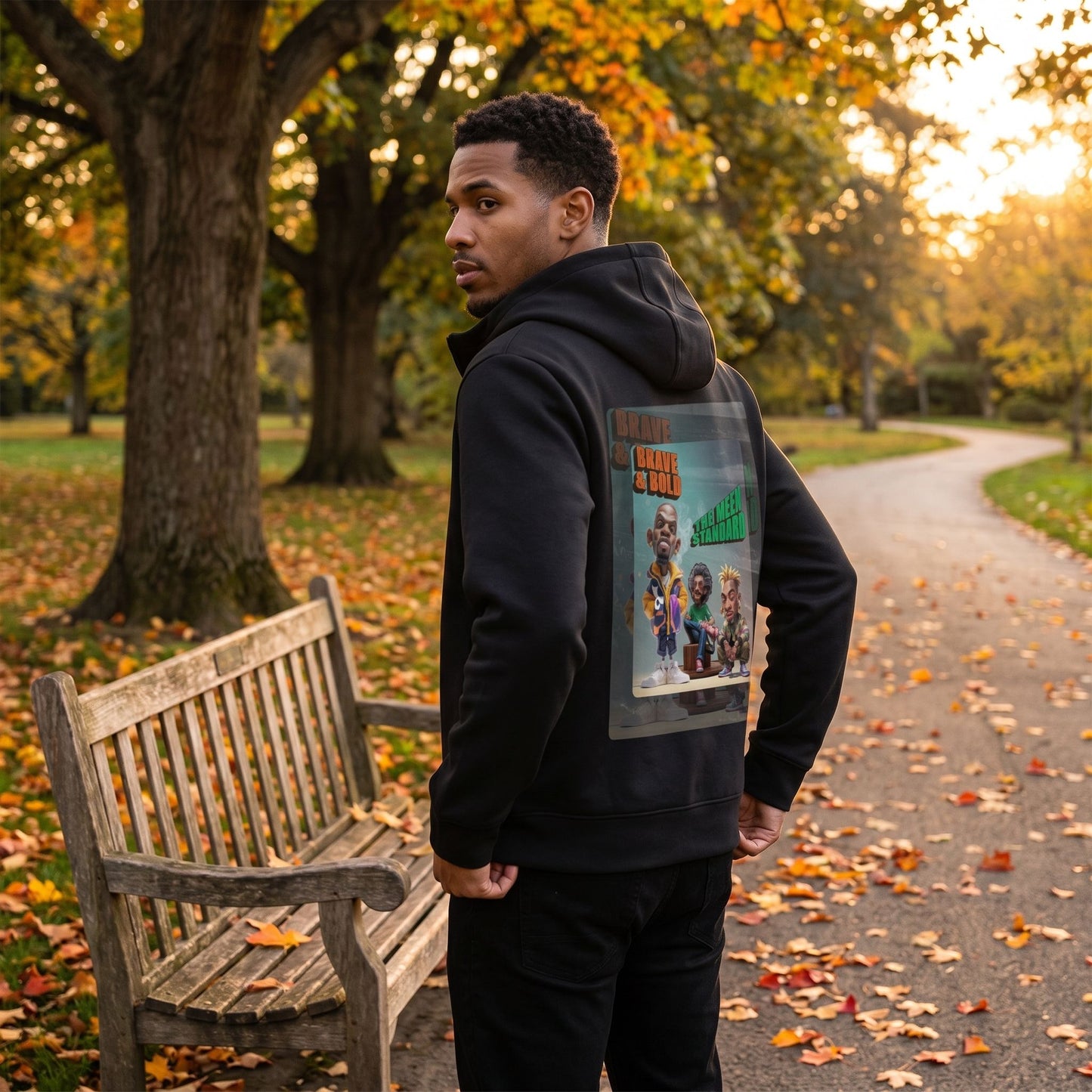Model wearing the Brave & Bold Full-Zip hoodie in a relaxed street setting during autumn with fallen leaves and warm lighting.